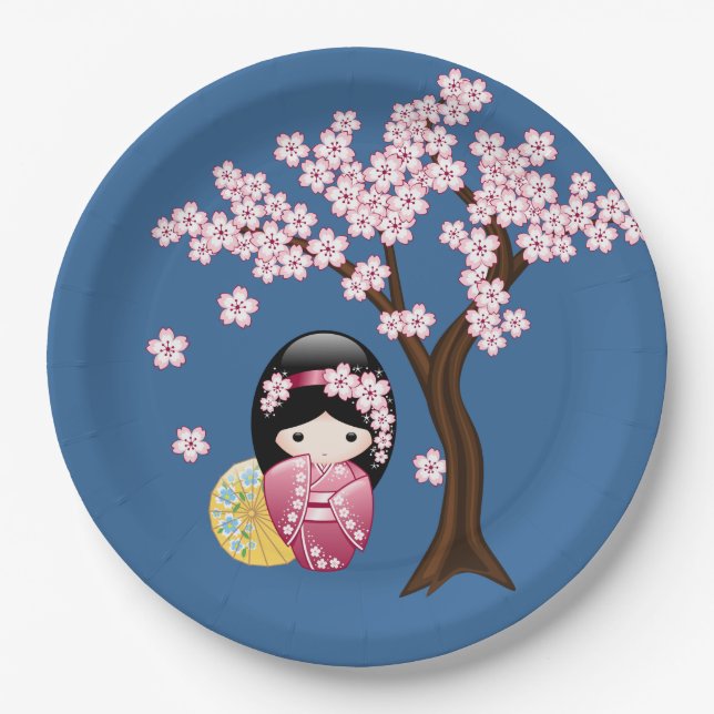 Spring Kokeshi Doll - Cute Geisha Girl on Blue Paper Plate (Front)