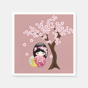Spring Kokeshi Doll - Cute Geisha Girl on Pink Napkin