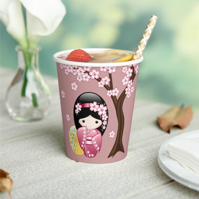 Spring Kokeshi Doll - Cute Geisha Girl on Pink Paper Cups (Insitu)