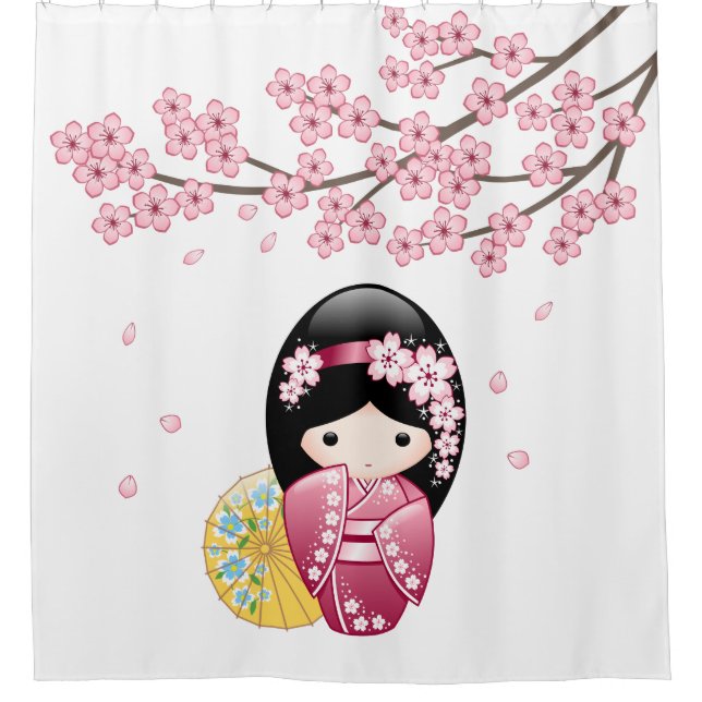 Spring Kokeshi Doll Cute Geisha Girl Shower Curtain (Front)