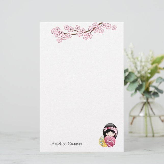 Spring Kokeshi Doll Cute Geisha Girl Stationery (Standing Front)