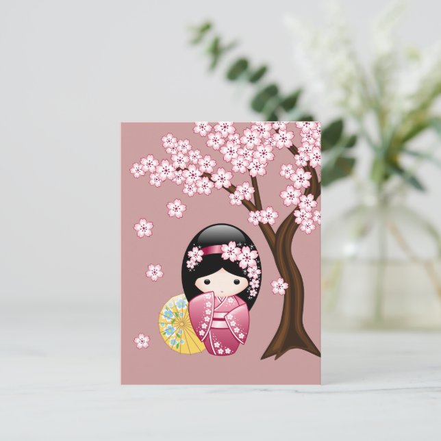 Spring Kokeshi Doll - Cute Geisha Missing You Postcard (Standing Front)
