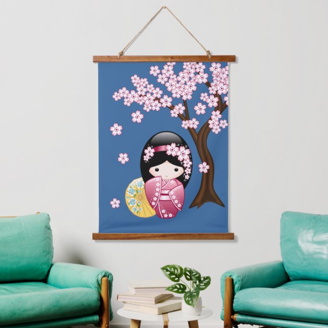 Spring Kokeshi Doll - Cute Japanese Geisha Blue Hanging Tapestry (Living Room)
