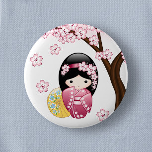 Spring Kokeshi Doll - Cute Japanese Geisha Girl 6 Cm Round Badge