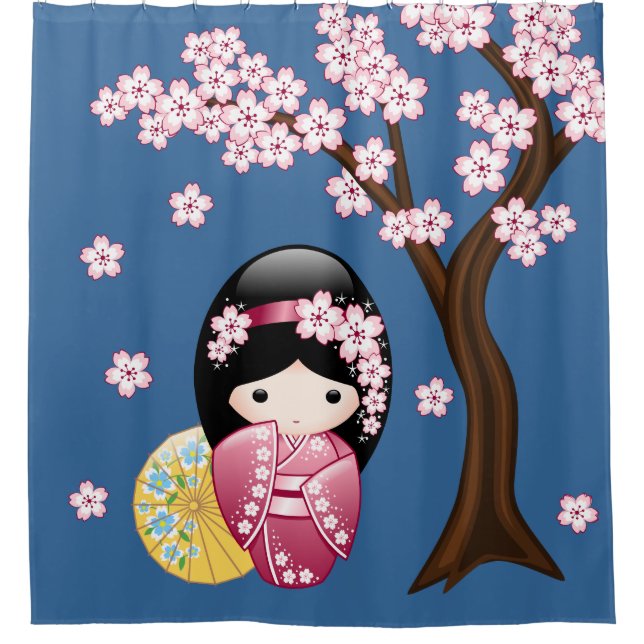 Spring Kokeshi Doll Cute Japanese Geisha Girl Blue Shower Curtain (Front)