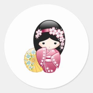 Spring Kokeshi Doll - Cute Japanese Geisha Girl Classic Round Sticker