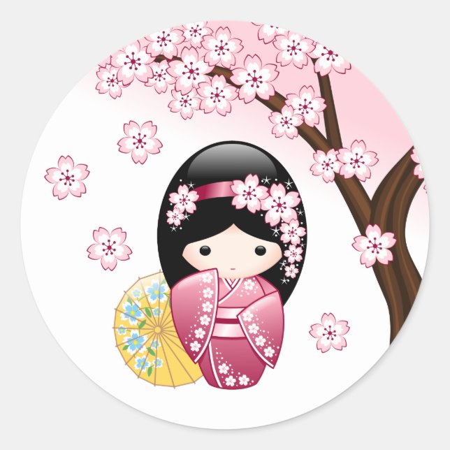 Spring Kokeshi Doll - Cute Japanese Geisha Girl Classic Round Sticker (Front)