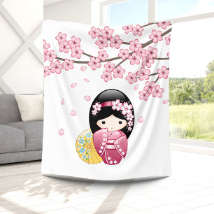 Spring Kokeshi Doll - Cute Japanese Geisha Girl Fleece Blanket