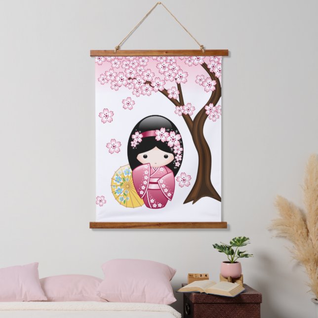 Spring Kokeshi Doll - Cute Japanese Geisha Girl Hanging Tapestry (Bedroom)