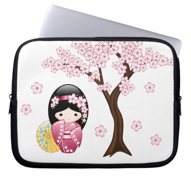 Spring Kokeshi Doll - Cute Japanese Geisha Girl Laptop Sleeve (Front)