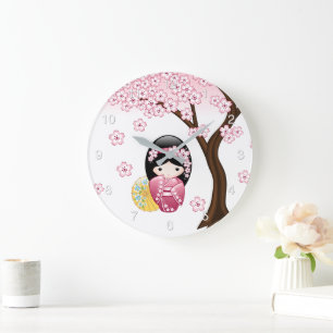 Spring Kokeshi Doll - Cute Japanese Geisha Girl Large Clock