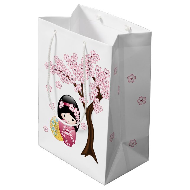 Spring Kokeshi Doll - Cute Japanese Geisha Girl Medium Gift Bag (Back Angled)