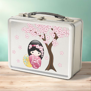 Spring Kokeshi Doll - Cute Japanese Geisha Girl Metal Lunch Box