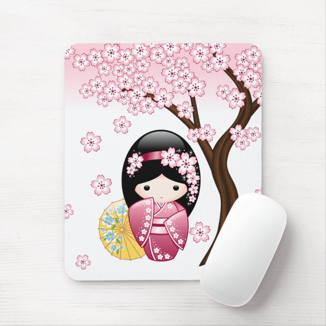 Spring Kokeshi Doll - Cute Japanese Geisha Girl Mouse Mat (With Mouse)