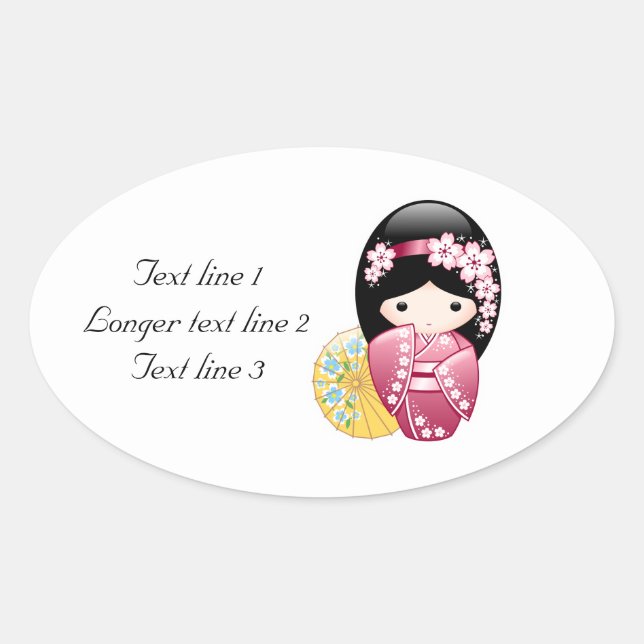 Spring Kokeshi Doll - Cute Japanese Geisha Girl Oval Sticker (Front)