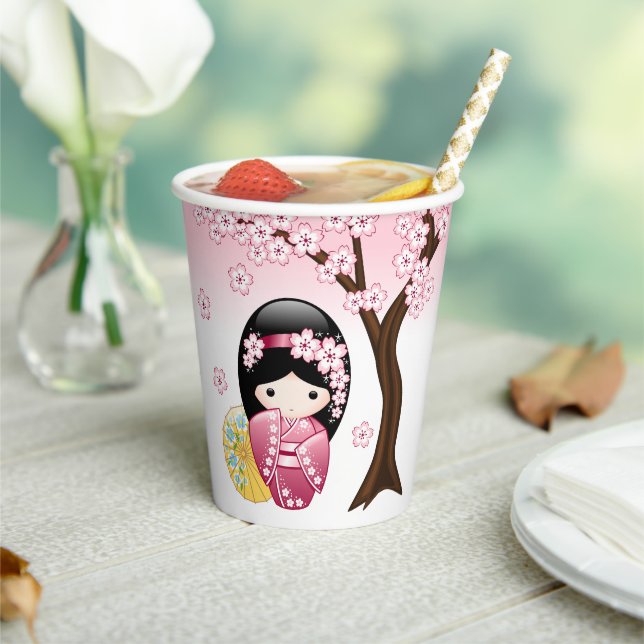 Spring Kokeshi Doll - Cute Japanese Geisha Girl Paper Cups (Insitu)