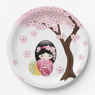 Spring Kokeshi Doll - Cute Japanese Geisha Girl Paper Plate