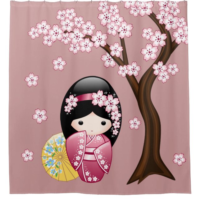 Spring Kokeshi Doll Cute Japanese Geisha Girl Pink Shower Curtain (Front)