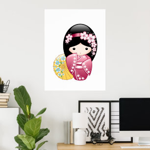 Spring Kokeshi Doll - Cute Japanese Geisha Girl Poster