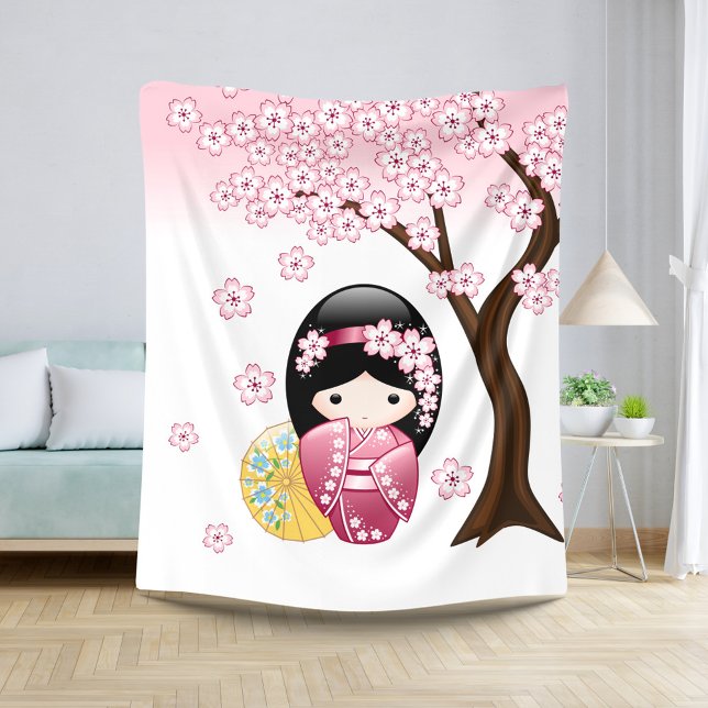 Spring Kokeshi Doll - Cute Japanese Geisha Girl Sherpa Blanket (Creator Uploaded)