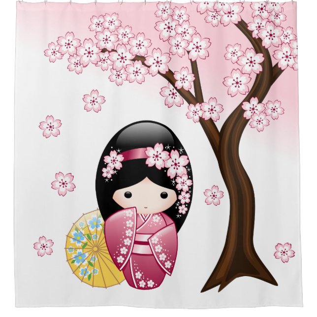 Spring Kokeshi Doll Cute Japanese Geisha Girl Shower Curtain (Front)