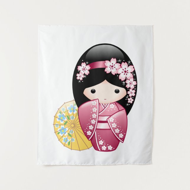 Spring Kokeshi Doll - Cute Japanese Geisha Girl Tapestry (Front)