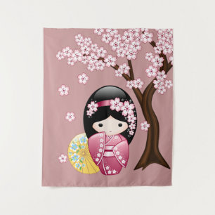 Spring Kokeshi Doll - Cute Japanese Geisha Girl Tapestry