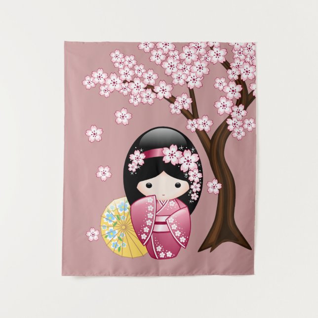 Spring Kokeshi Doll - Cute Japanese Geisha Girl Tapestry (Front)