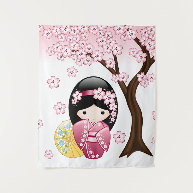 Spring Kokeshi Doll - Cute Japanese Geisha Girl Tapestry (Front)