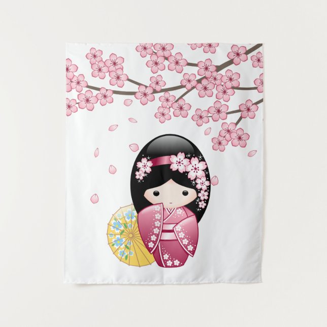 Spring Kokeshi Doll - Cute Japanese Geisha Girl Tapestry (Front)