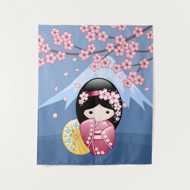 Spring Kokeshi Doll - Cute Japanese Geisha Girl Tapestry (Front)