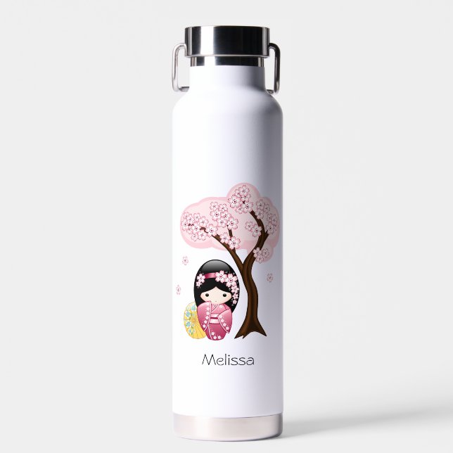 Spring Kokeshi Doll - Cute Japanese Geisha Girl Water Bottle (Front)