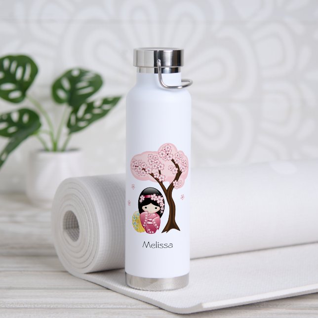Spring Kokeshi Doll - Cute Japanese Geisha Girl Water Bottle (Yoga (Rotated))