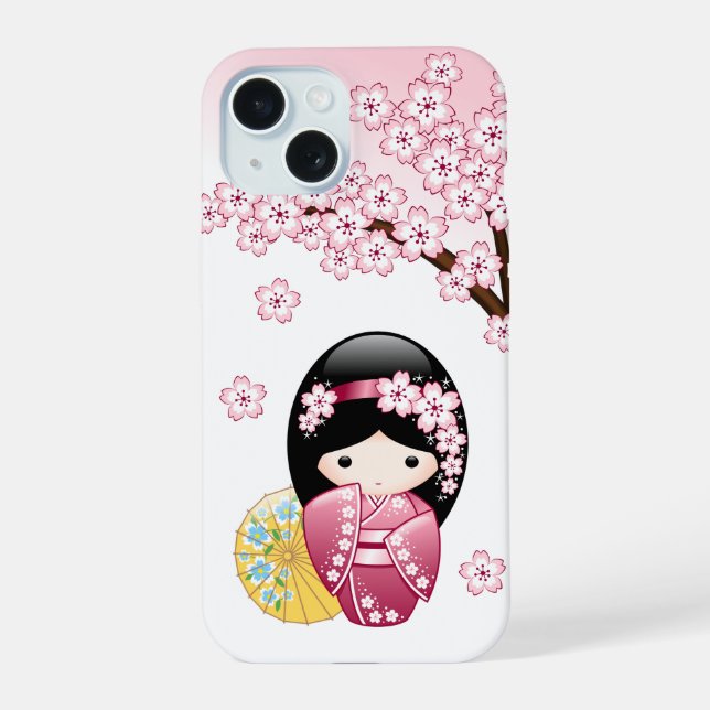 Spring Kokeshi Doll - Cute Japanese Geisha iPhone 15 Case (Back)