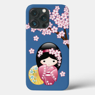 Spring Kokeshi Doll - Cute Japanese Geisha on Blue iPhone 13 Pro Case