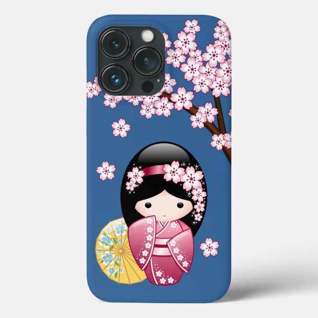 Spring Kokeshi Doll - Cute Japanese Geisha on Blue Case-Mate iPhone Case (Back)