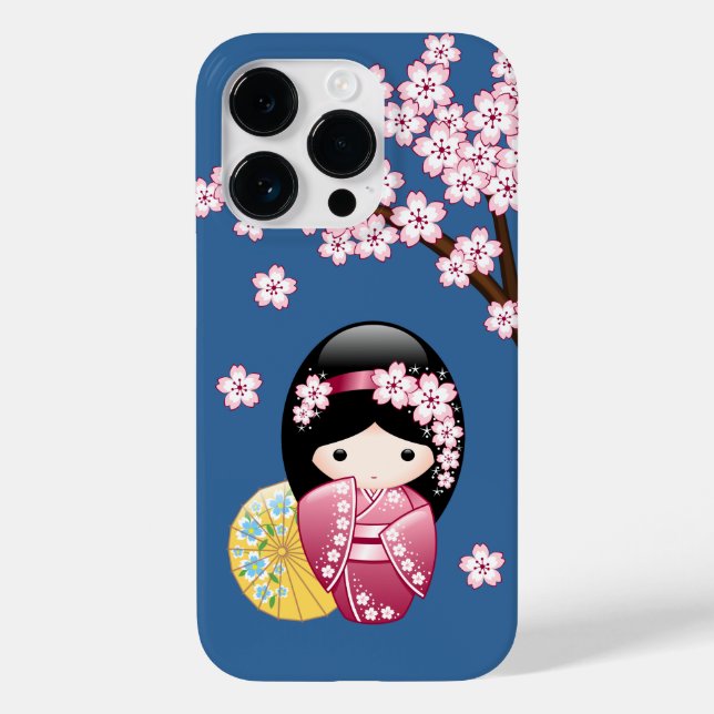 Spring Kokeshi Doll - Cute Japanese Geisha on Blue Case-Mate iPhone Case (Back)