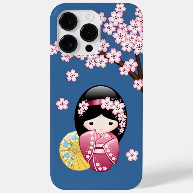 Spring Kokeshi Doll - Cute Japanese Geisha on Blue Case-Mate iPhone Case (Back)