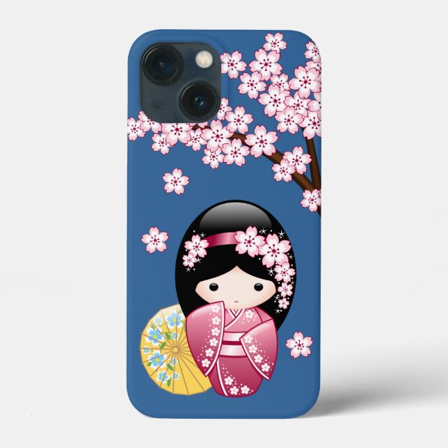 Spring Kokeshi Doll - Cute Japanese Geisha on Blue Case-Mate iPhone Case (Back)