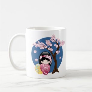 Spring Kokeshi Doll - Cute Japanese Geisha on Blue Coffee Mug