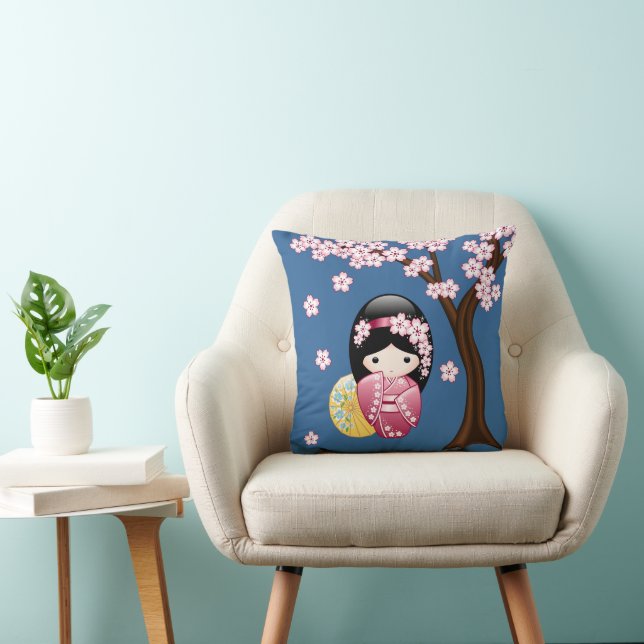 Spring Kokeshi Doll - Cute Japanese Geisha on Blue Cushion (Chair)