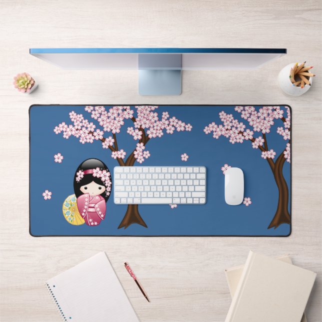 Spring Kokeshi Doll - Cute Japanese Geisha on Blue Desk Mat (Office 1)