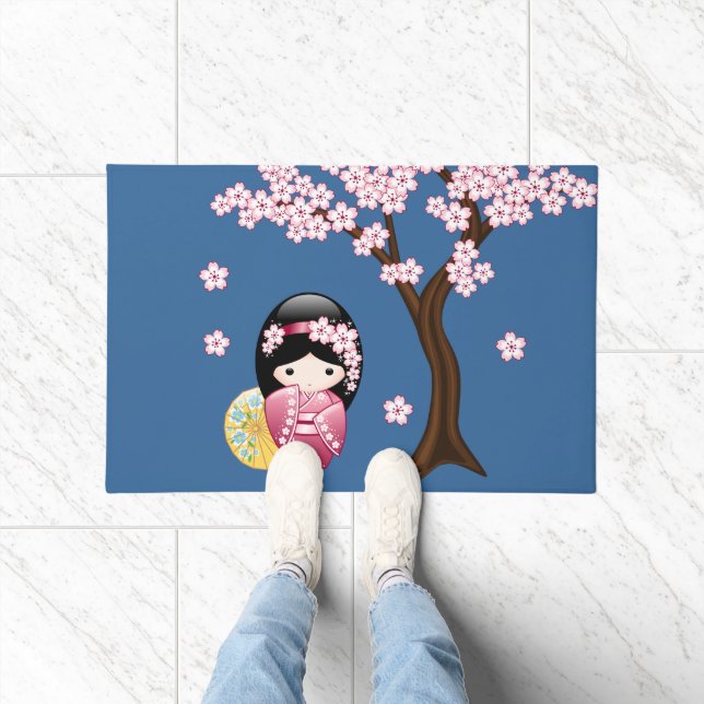 Spring Kokeshi Doll - Cute Japanese Geisha on Blue Doormat (Indoor)