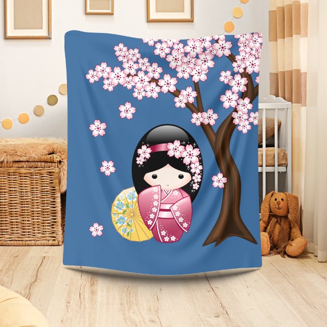 Spring Kokeshi Doll - Cute Japanese Geisha on Blue Fleece Blanket (Creator Uploaded)