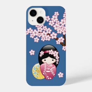 Spring Kokeshi Doll - Cute Japanese Geisha on Blue iPhone 14 Case