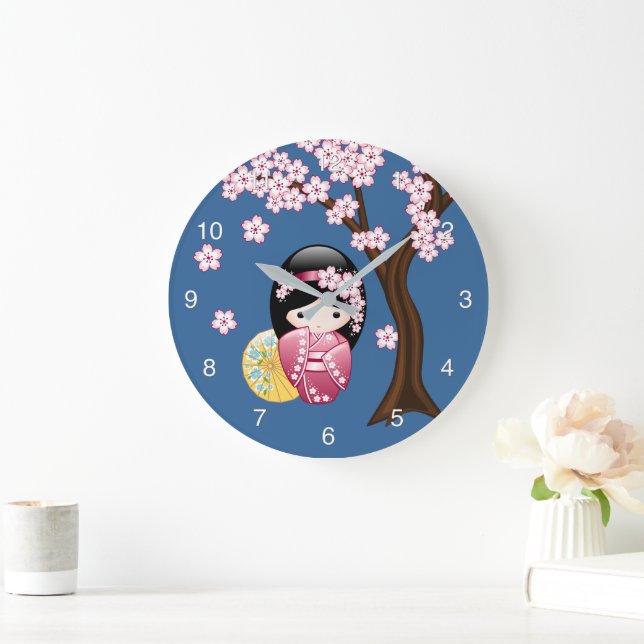 Spring Kokeshi Doll - Cute Japanese Geisha on Blue Large Clock (Home)