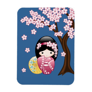Spring Kokeshi Doll - Cute Japanese Geisha on Blue Magnet