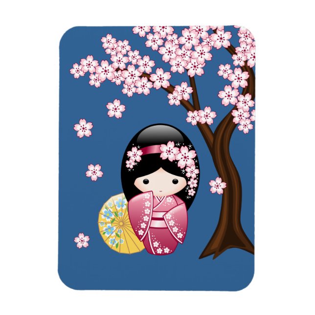 Spring Kokeshi Doll - Cute Japanese Geisha on Blue Magnet (Vertical)