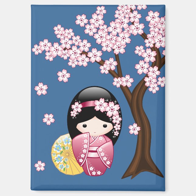 Spring Kokeshi Doll - Cute Japanese Geisha on Blue Magnet (Front)