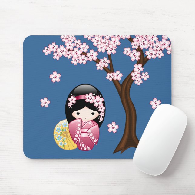 Spring Kokeshi Doll - Cute Japanese Geisha on Blue Mouse Mat (With Mouse)